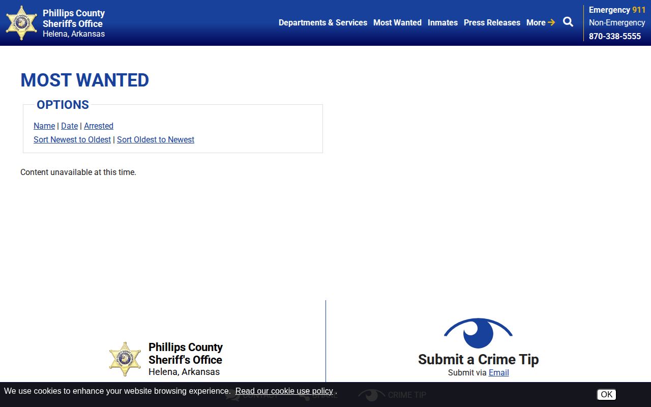 Phillips County Sheriff wanted page showing unavailable content
