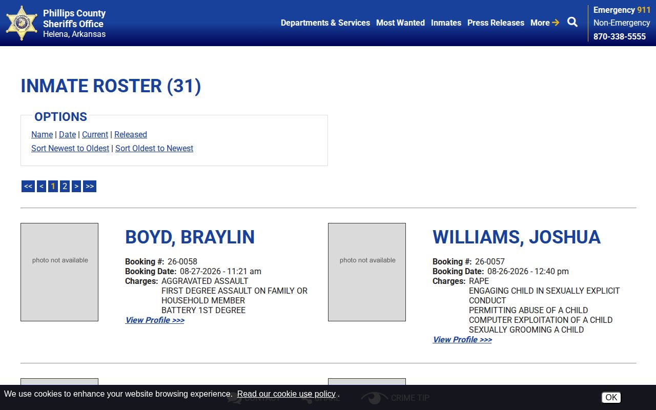 Phillips County current inmate roster with booking fields and profile links
