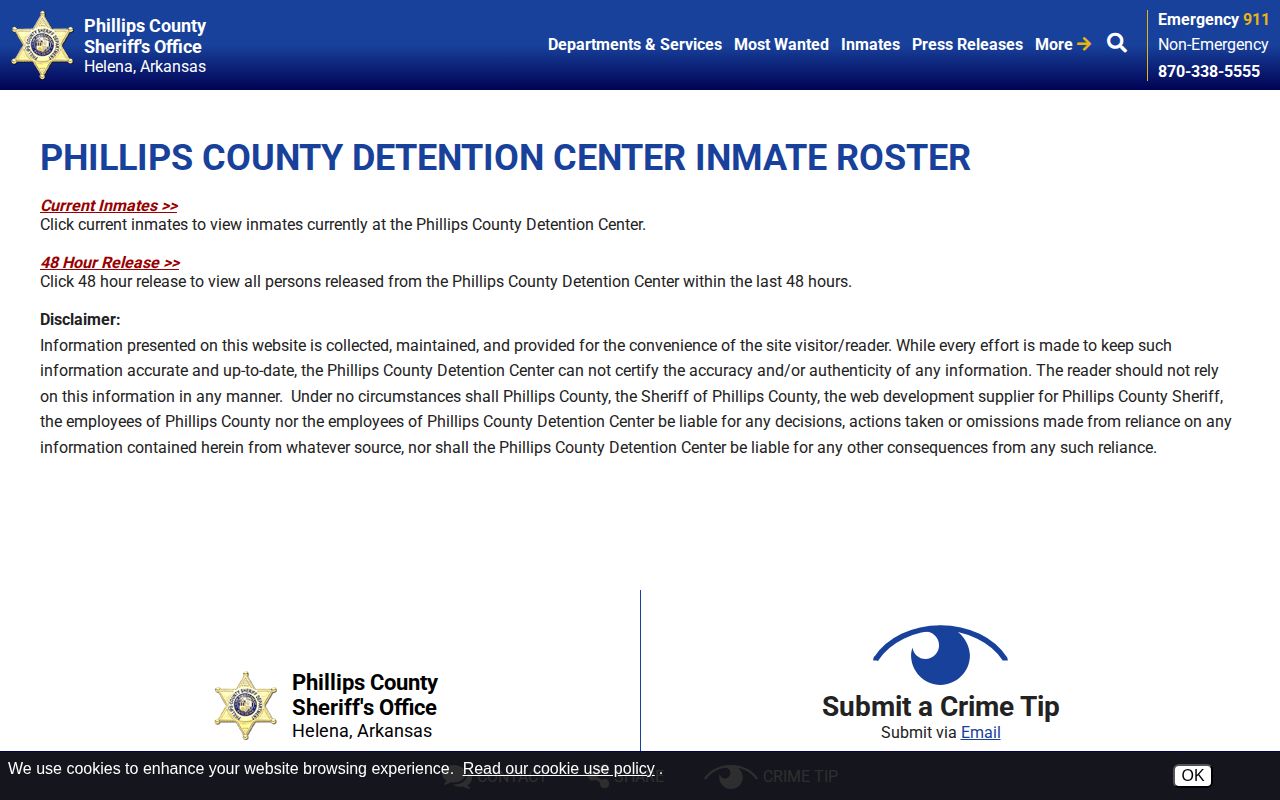 Phillips County Sheriff roster chooser for current inmates and recent releases