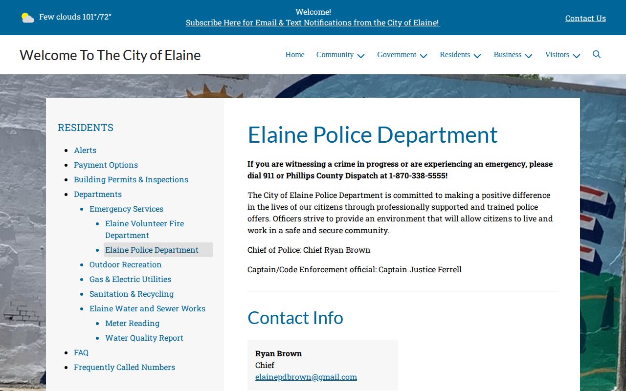 Official City of Elaine Police Department contact webpage