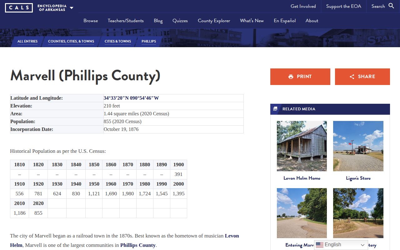 Encyclopedia of Arkansas reference page for Marvell in Phillips County