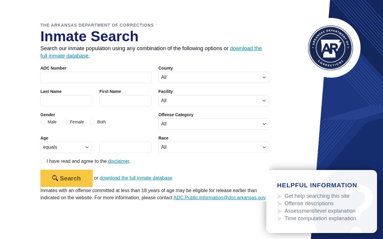 Official Arkansas inmate search interface for state correctional custody